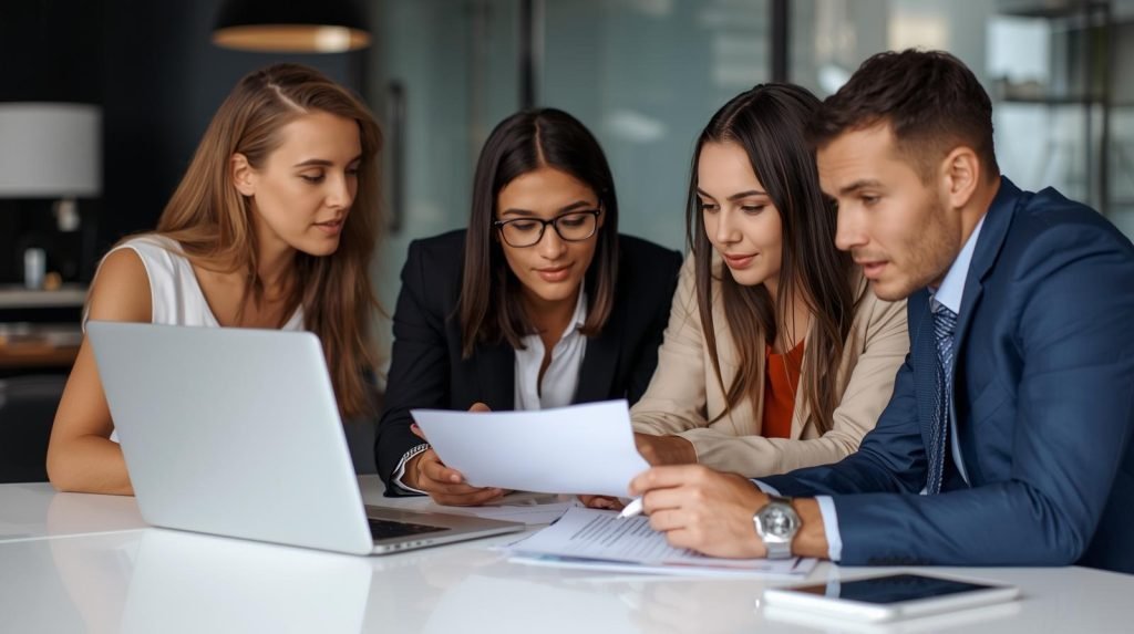 Three business professionals reviewing paperwork on a laptop, focused on credit repair strategies and solutions.