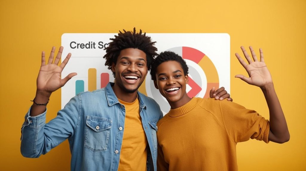 Two young people smiling and holding up their hands in front of a credit score chart, symbolizing credit repair success